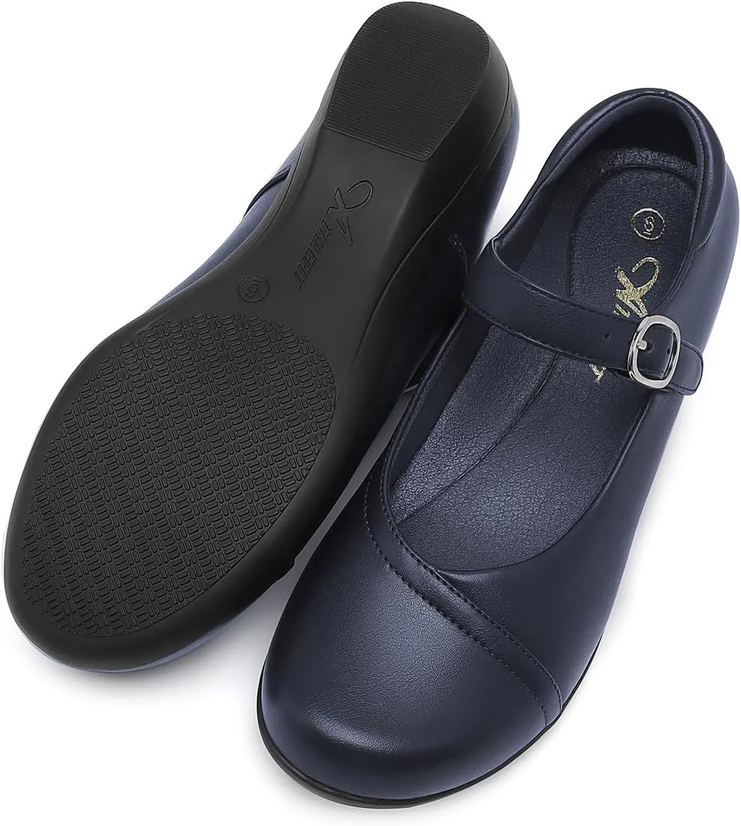 Athlefit Mary Jane Flats for Women Dressy Ballet Flats Shoes Comfortable Round Toe Buckle Work Flat Shoes