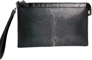 Authentic Real True Stingray Skin Men's Patchwork Wristlets Envelop Bag Genuine Exotic Crocodile Leather Male ZIP Clutch Purse Black large capacity clutch bag