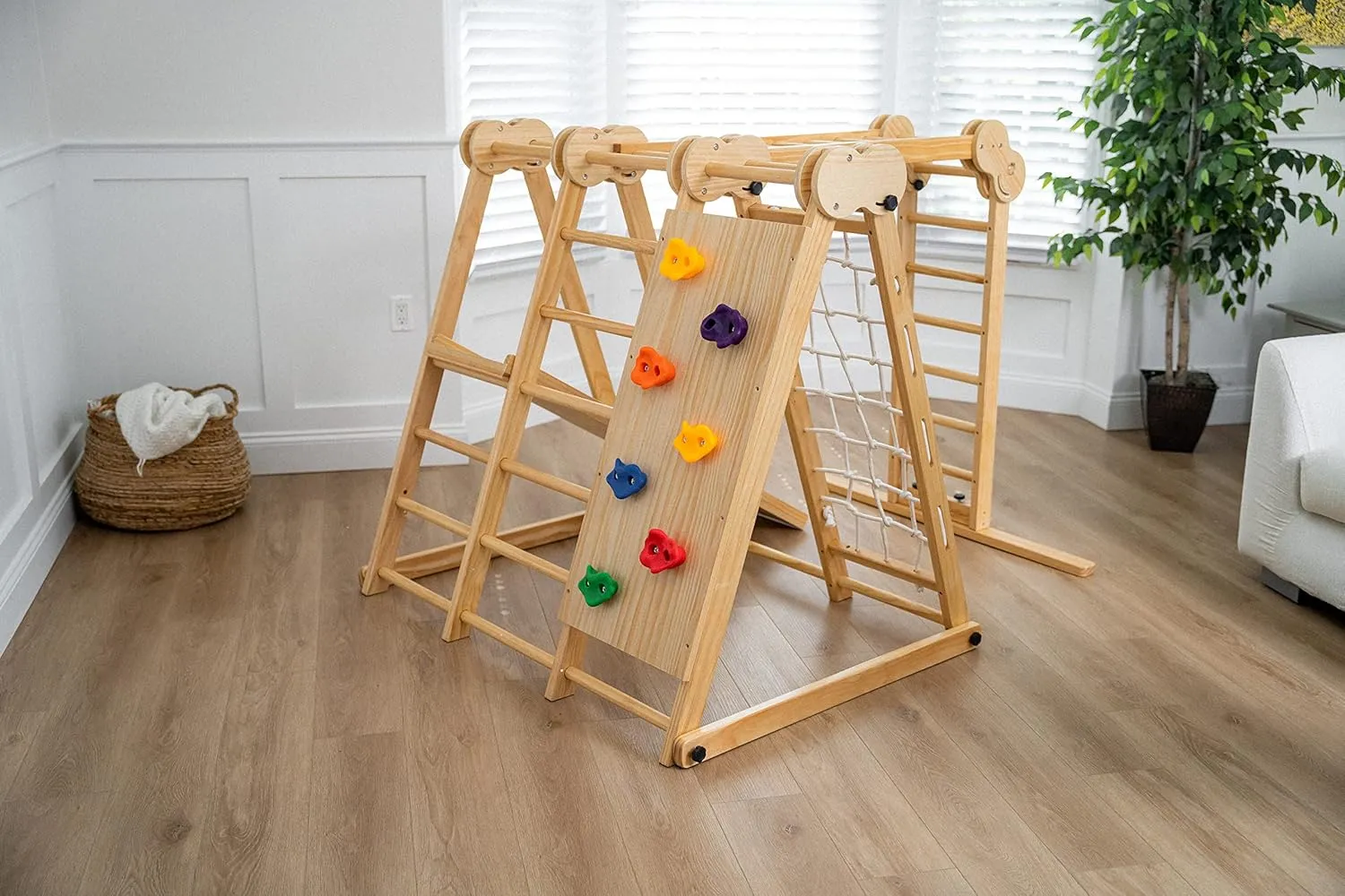 Avenlur 7-in-1 Indoor Playset for Kids 2-6 with Slide, Climbing Wall, Ladder, Net, Bars, Swing, Ring - USA