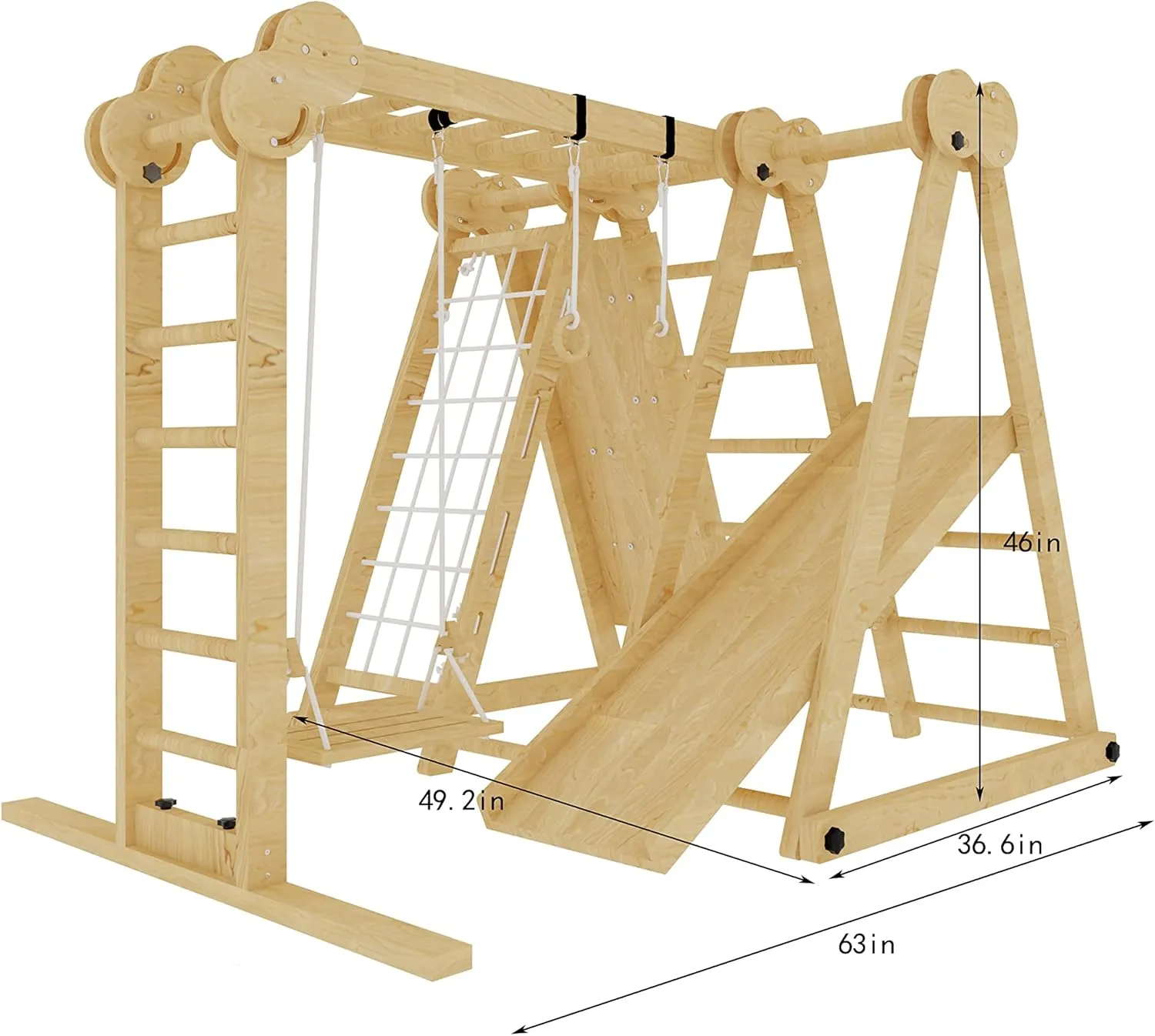 Avenlur 7-in-1 Indoor Playset for Kids 2-6 with Slide, Climbing Wall, Ladder, Net, Bars, Swing, Ring - USA