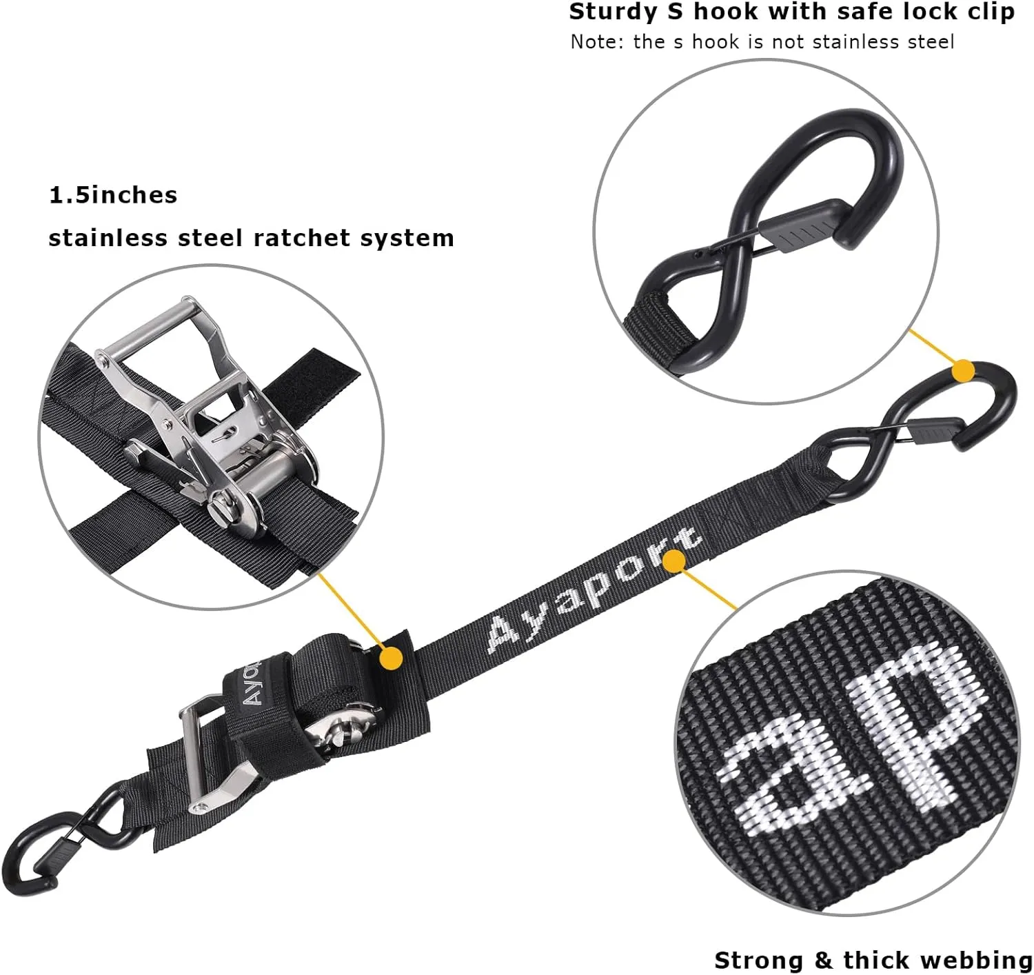 Ayaport Stainless Steel Ratchet Boat Tie Down Straps to Trailer - 5 Feet, 4400lbs Break Strength Heavy Duty Ratchet Straps for Boat Transom and Trailer Accessories