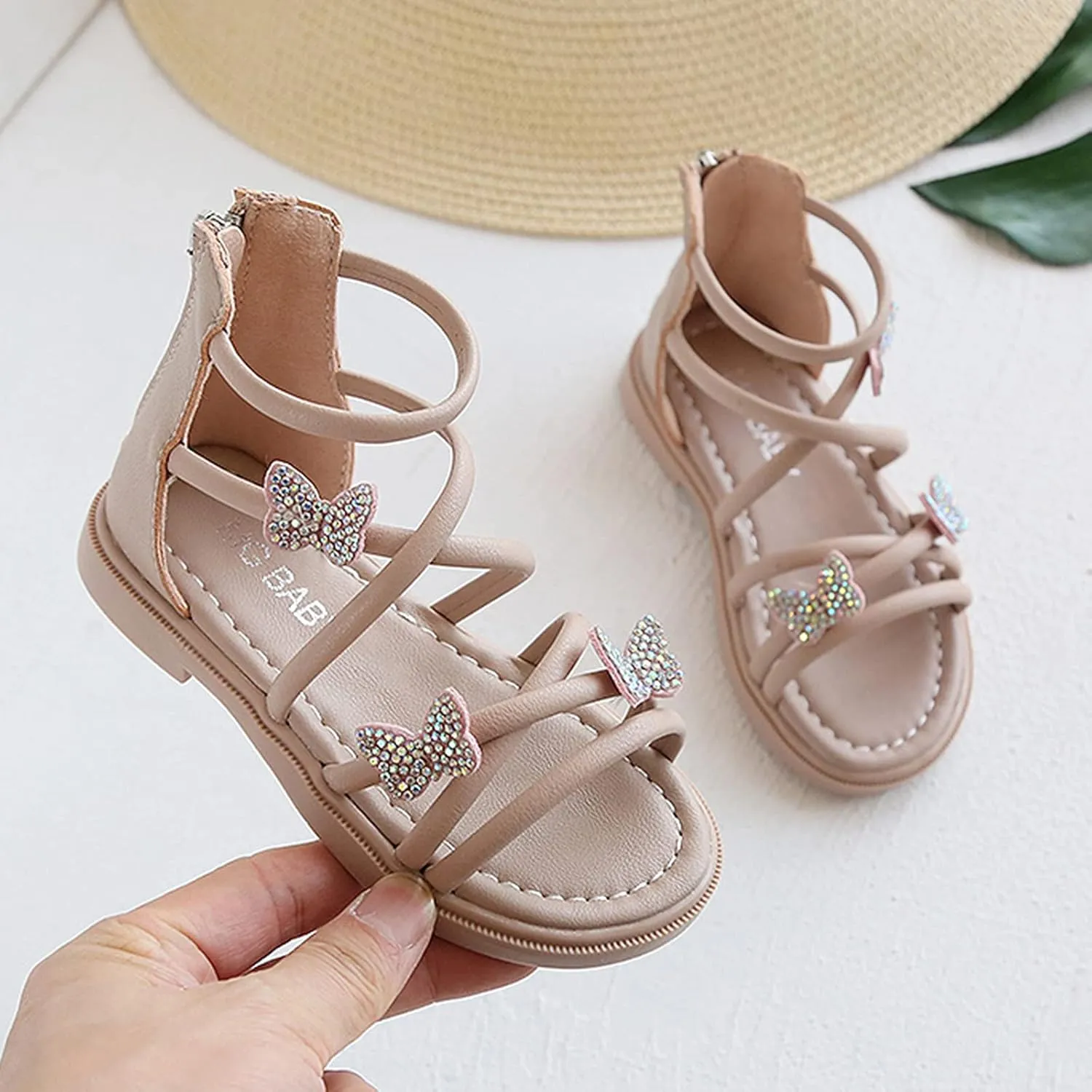 Baby Kids Gl𝐚diator Roman Leather Shoes Girls Childrens Bow Glitter Flat Non Slip Sandals Soft Comfy Summer