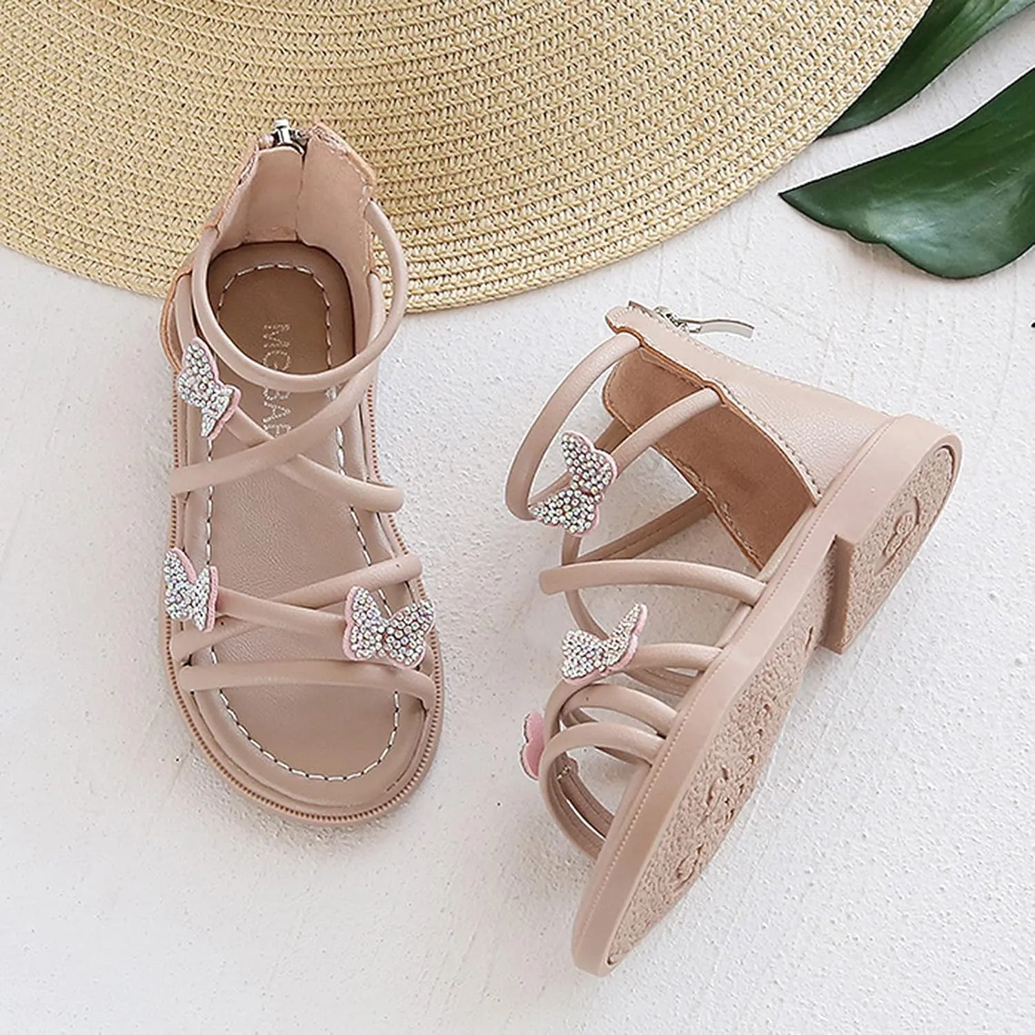 Baby Kids Gl𝐚diator Roman Leather Shoes Girls Childrens Bow Glitter Flat Non Slip Sandals Soft Comfy Summer