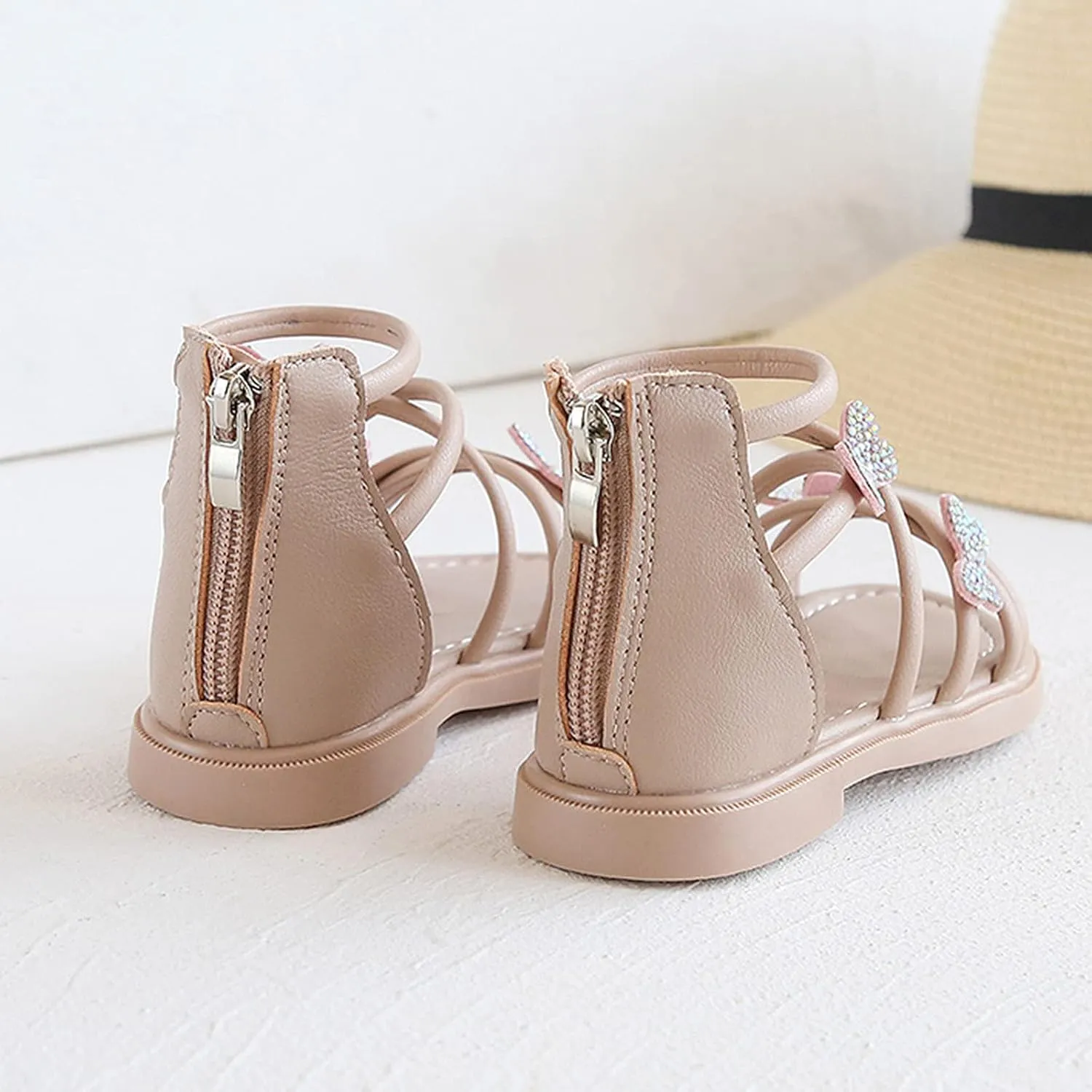 Baby Kids Gl𝐚diator Roman Leather Shoes Girls Childrens Bow Glitter Flat Non Slip Sandals Soft Comfy Summer
