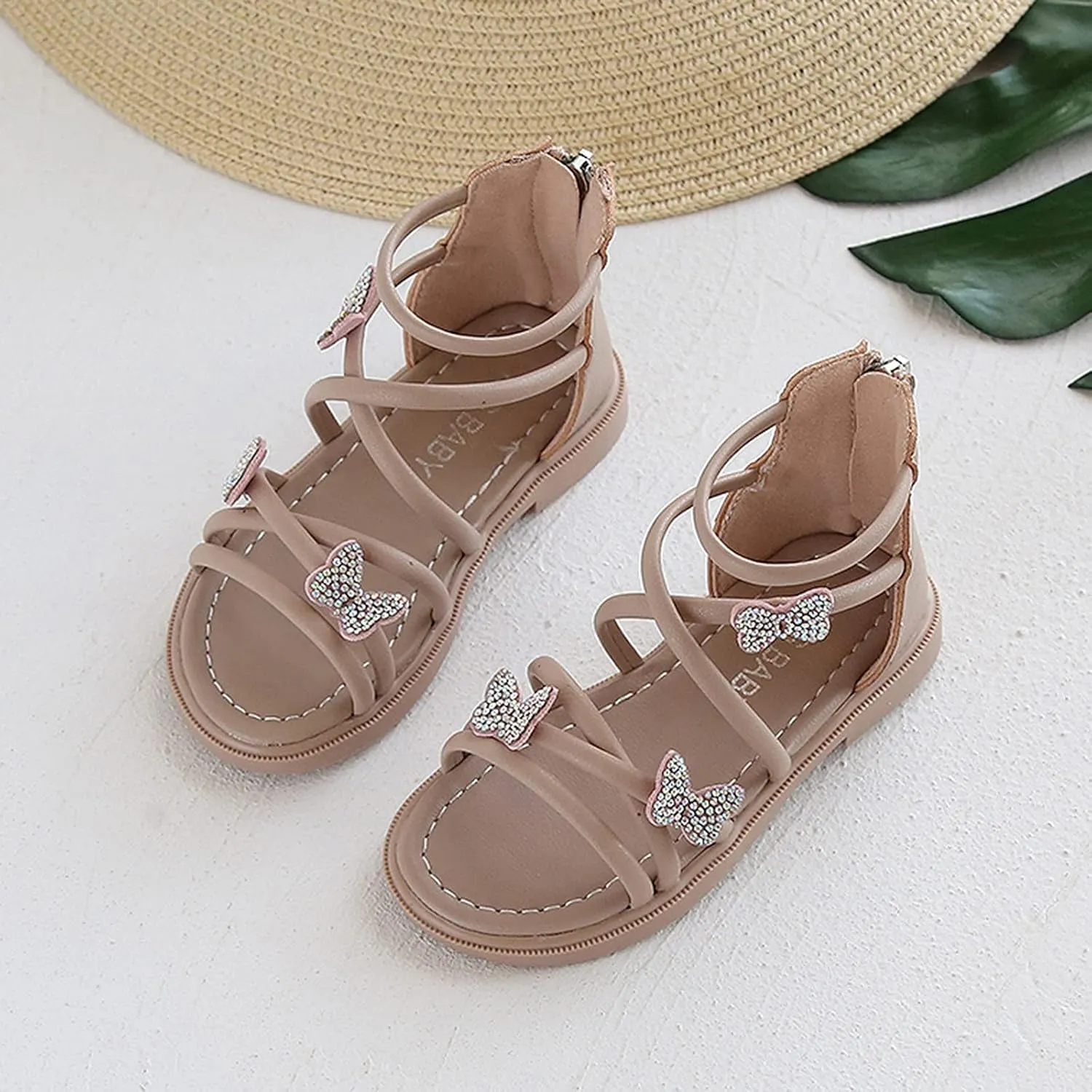 Baby Kids Gl𝐚diator Roman Leather Shoes Girls Childrens Bow Glitter Flat Non Slip Sandals Soft Comfy Summer