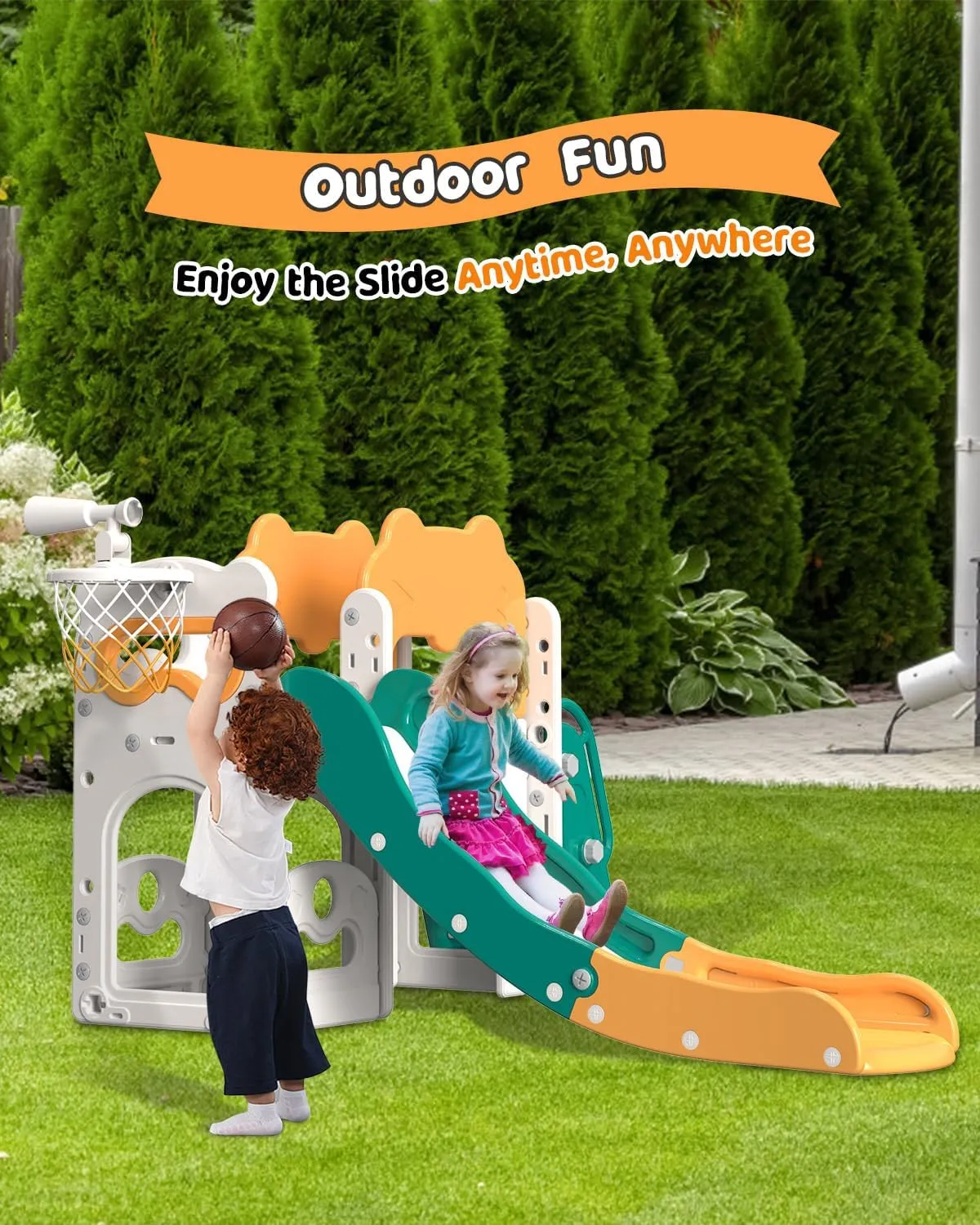 Babytronic Toddler Slide, 7 in 1 Kids Indoor Slide for Toddler 1-3, Indoor Outdoor Toddler Slide Playset with Basketball Hoop and Telescope, Baby Indoor Slide Toddler Playground (Green&Yellow)