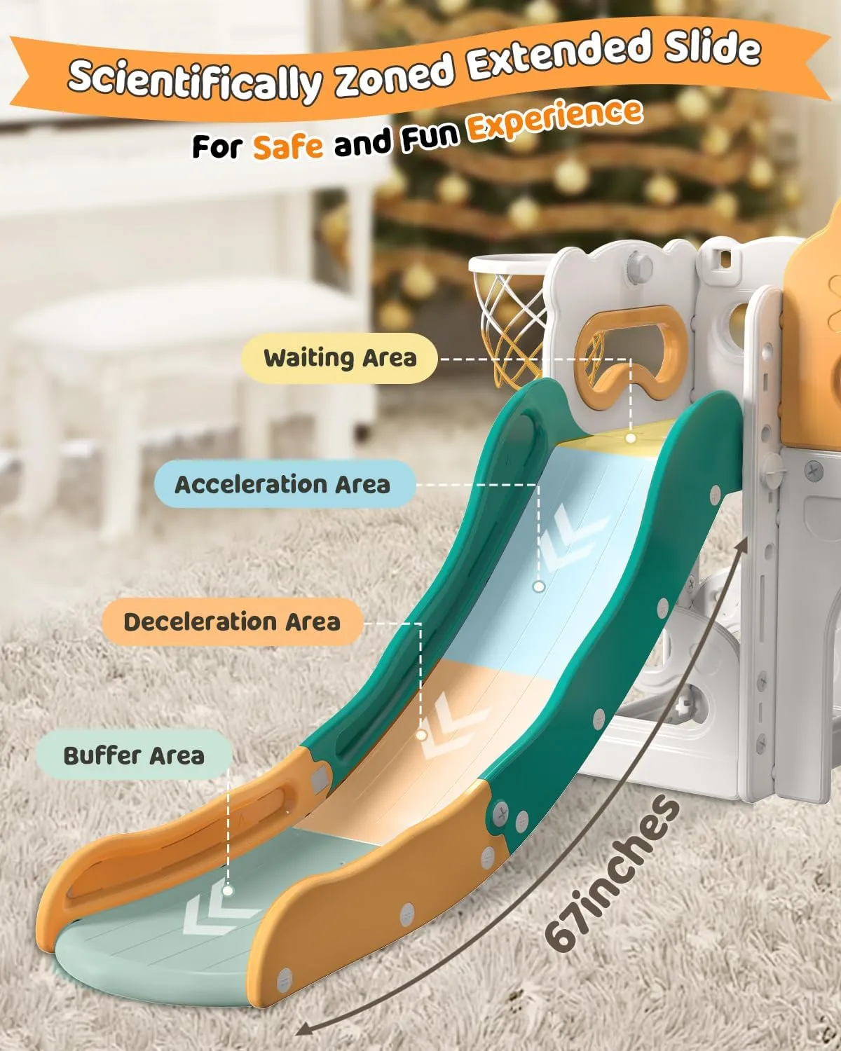 Babytronic Toddler Slide, 7 in 1 Kids Indoor Slide for Toddler 1-3, Indoor Outdoor Toddler Slide Playset with Basketball Hoop and Telescope, Baby Indoor Slide Toddler Playground (Green&Yellow)