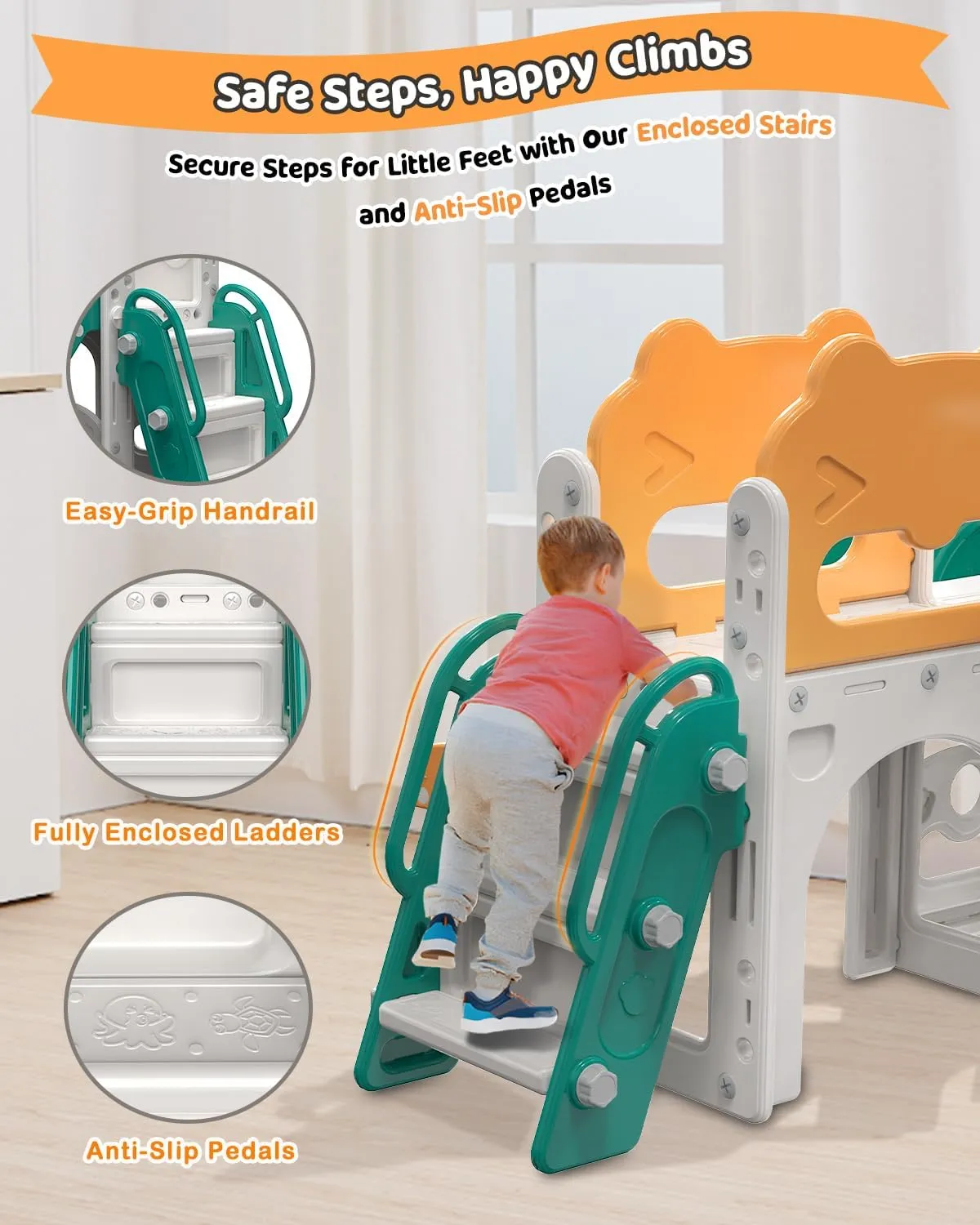 Babytronic Toddler Slide, 7 in 1 Kids Indoor Slide for Toddler 1-3, Indoor Outdoor Toddler Slide Playset with Basketball Hoop and Telescope, Baby Indoor Slide Toddler Playground (Green&Yellow)