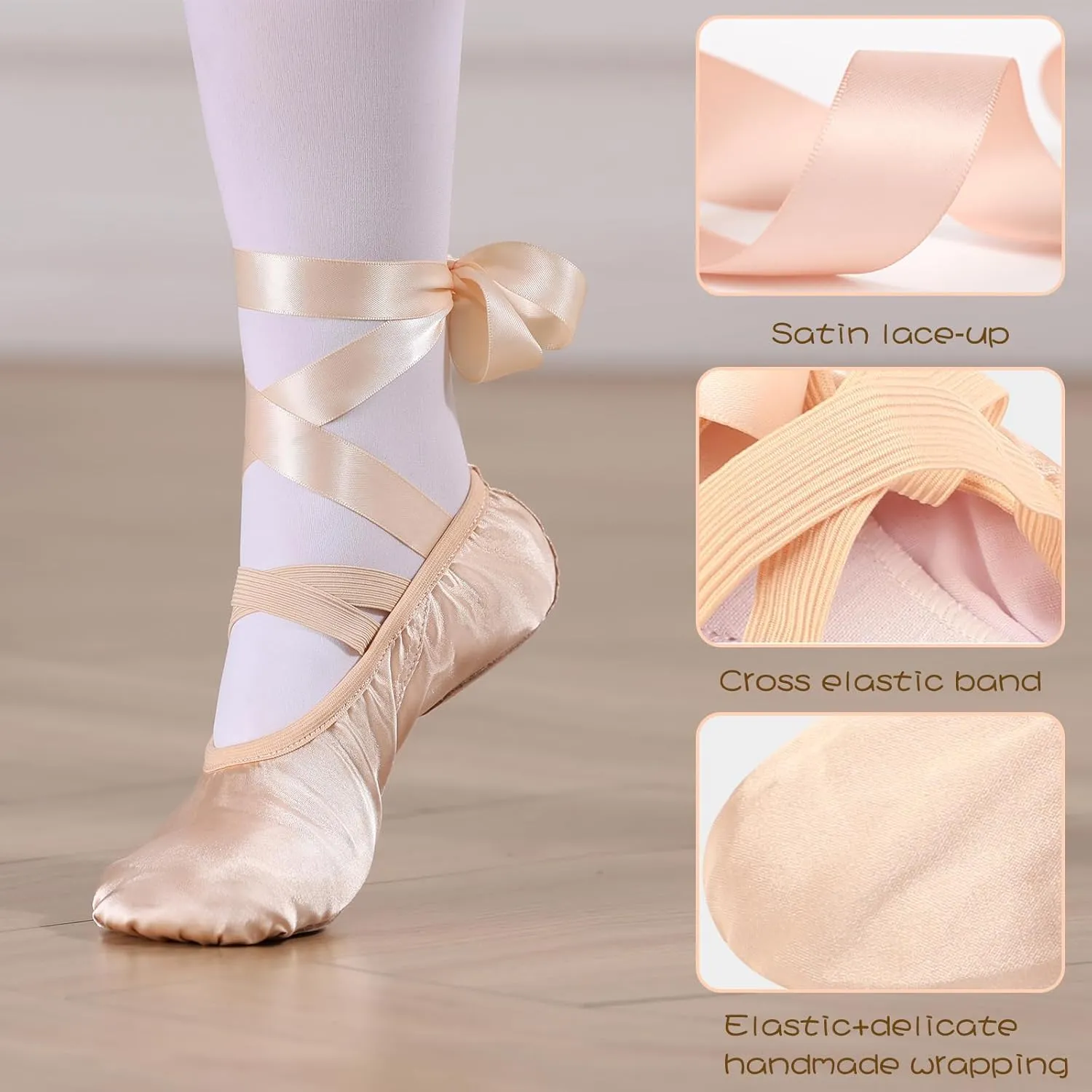 Ballet Shoes for Girls, Pink Ballet Slippers Split Sole Satin Women Dance Shoes Flats with Ribbon for Yoga Gymnastics Performance