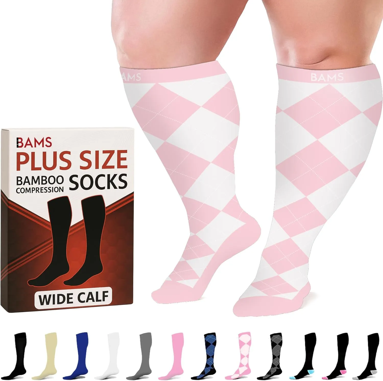 BAMS Plus Size Compression Socks Wide Calf XL XXL XXXL – Graduated Knee-High Support, Viscose from Bamboo Easy-On/Easy-Off