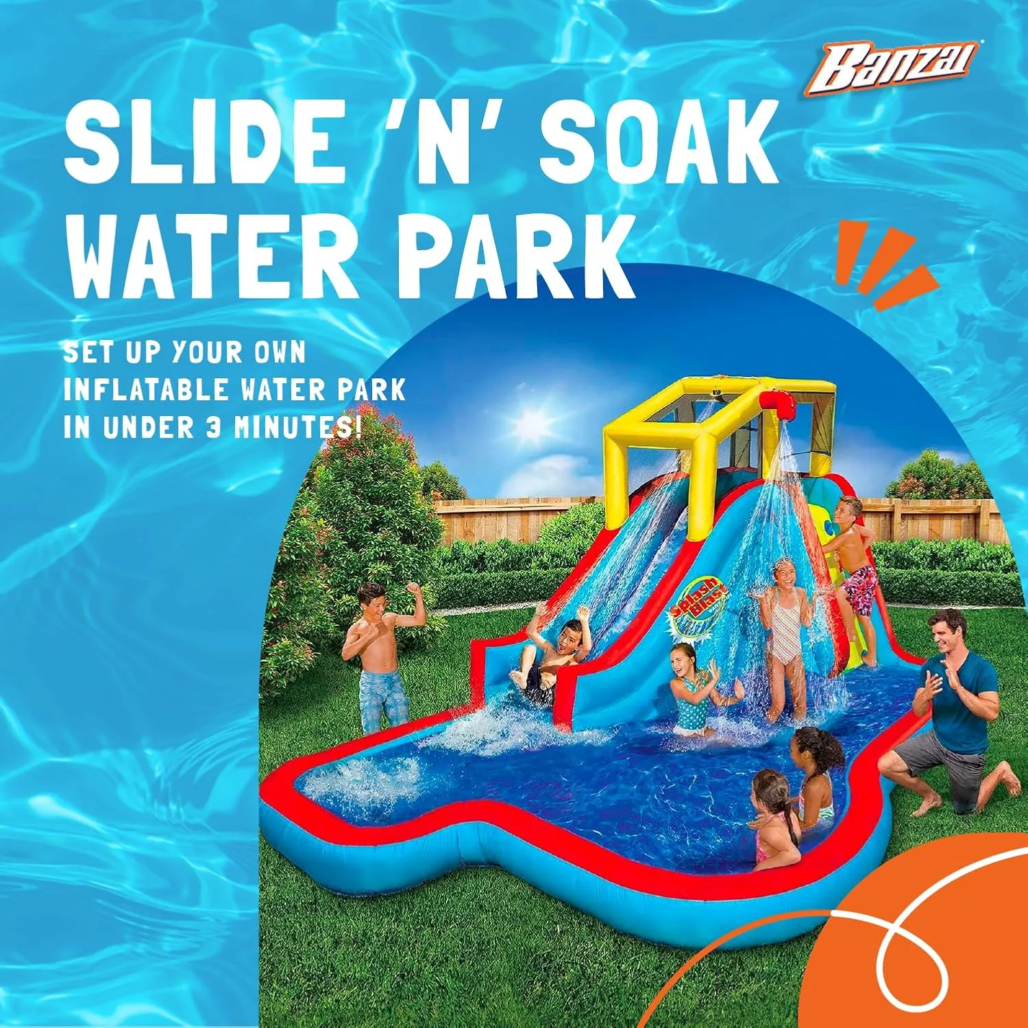 Banzai Inflatable Pool Water Slide, Blow Up Backyard Splash House, Slide N’ Soak