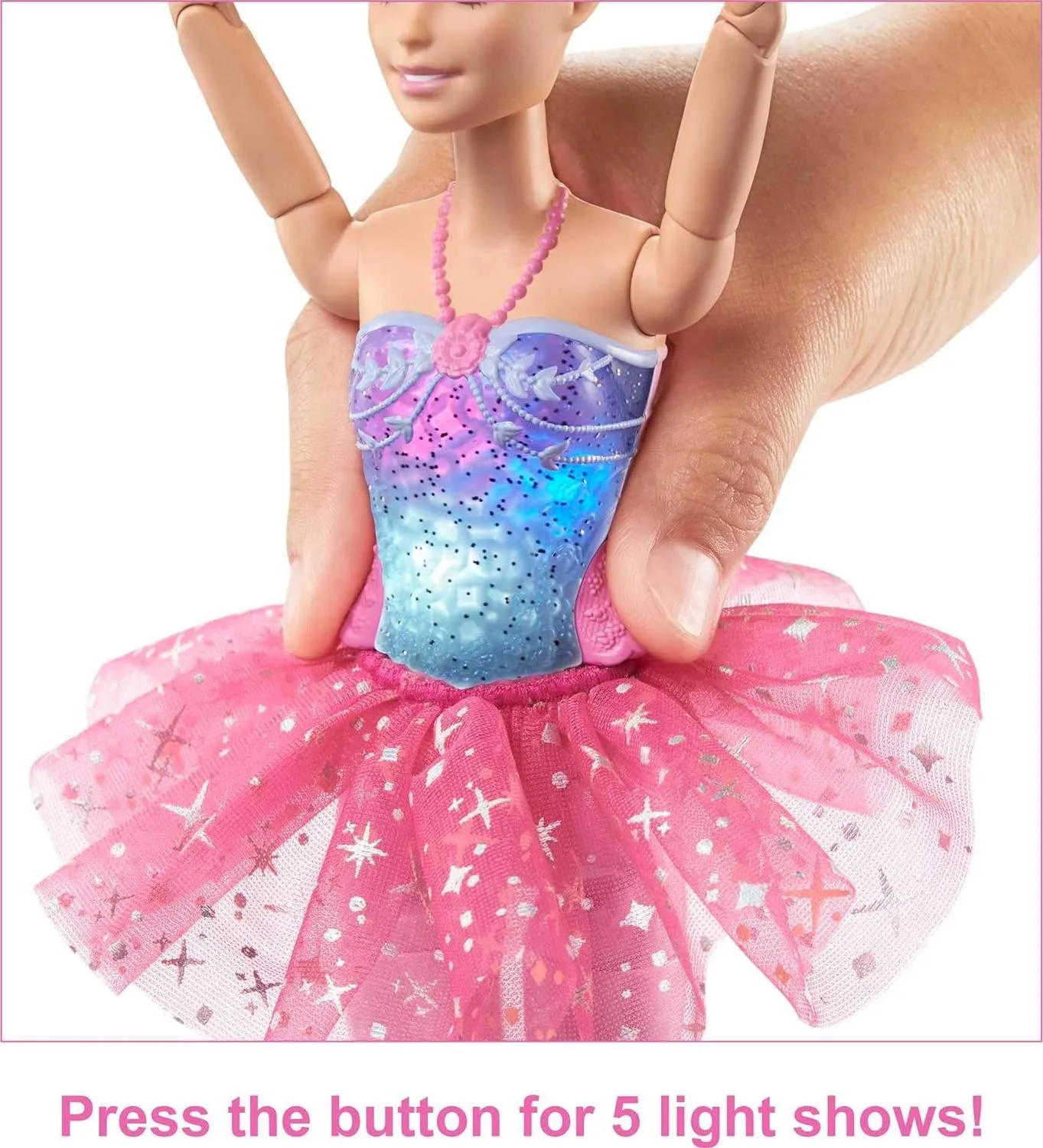 Barbie Dreamtopia Doll, Twinkle Lights Posable Ballerina with 5 Light-Up Shows, Sparkly Pink Tutu, Blonde Hair & Hair Accessory