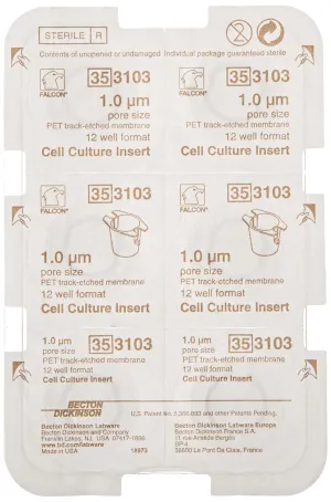 BD Medical 353104 Falcon Translucent Polyethylene Terephthalate Cell Culture Insert, 0.2 - 0.35mL Volume, 1.0 Micron Pore, Pack of 48