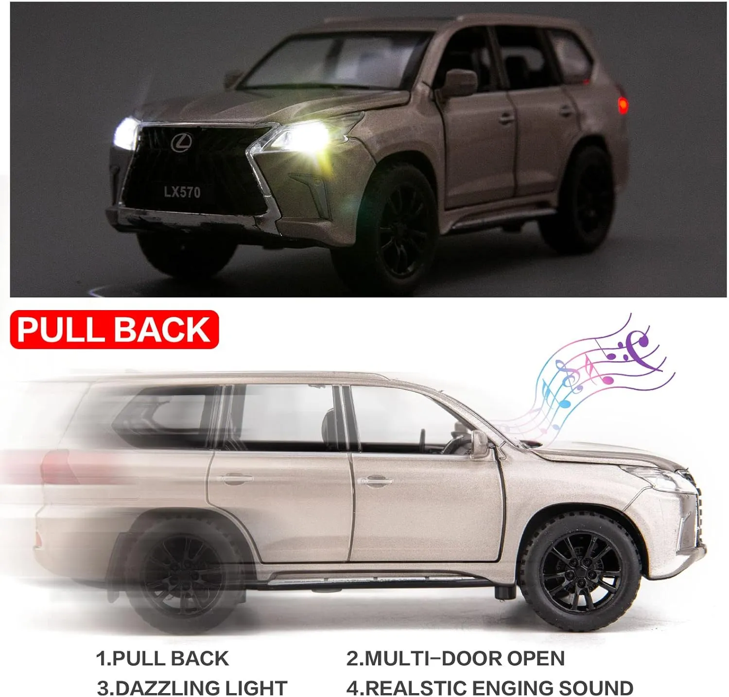 BDTCTK 1/32 Compatible for Lexus LX570 Off-Road in Luxury SUV Model Car, Zinc Alloy Pull Back Toy car with Sound and Light for Kids Boy Girl Gift(Silver)