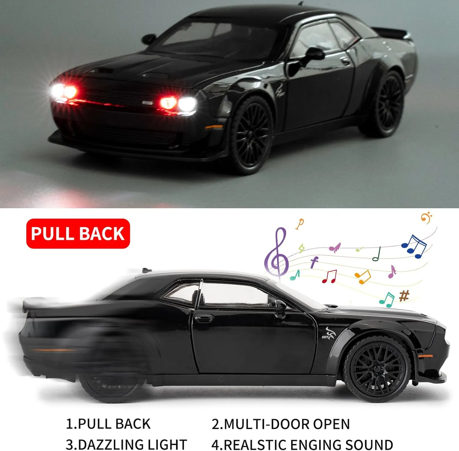 BDTCTK 1/32 Dodge Challenger Hellcat Model Car, Zinc Alloy Pull Back Toy car with Sound and Light for Kids Boy Girl Gift(Black)