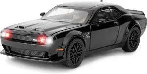 BDTCTK 1/32 Dodge Challenger Hellcat Model Car, Zinc Alloy Pull Back Toy car with Sound and Light for Kids Boy Girl Gift(Black)