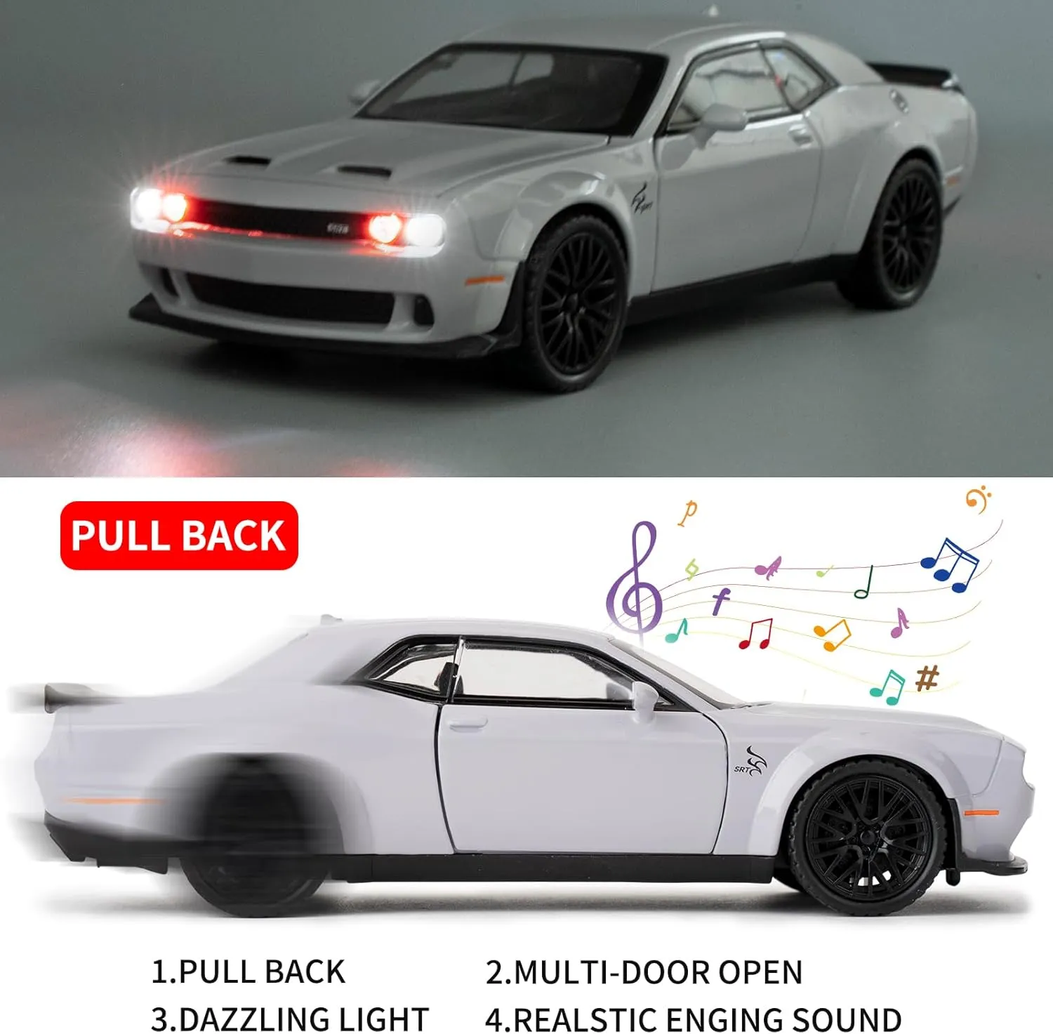 BDTCTK 1/32 Dodge Challenger Hellcat Model Car, Zinc Alloy Pull Back Toy car with Sound and Light for Kids Boy Girl Gift(Gray)