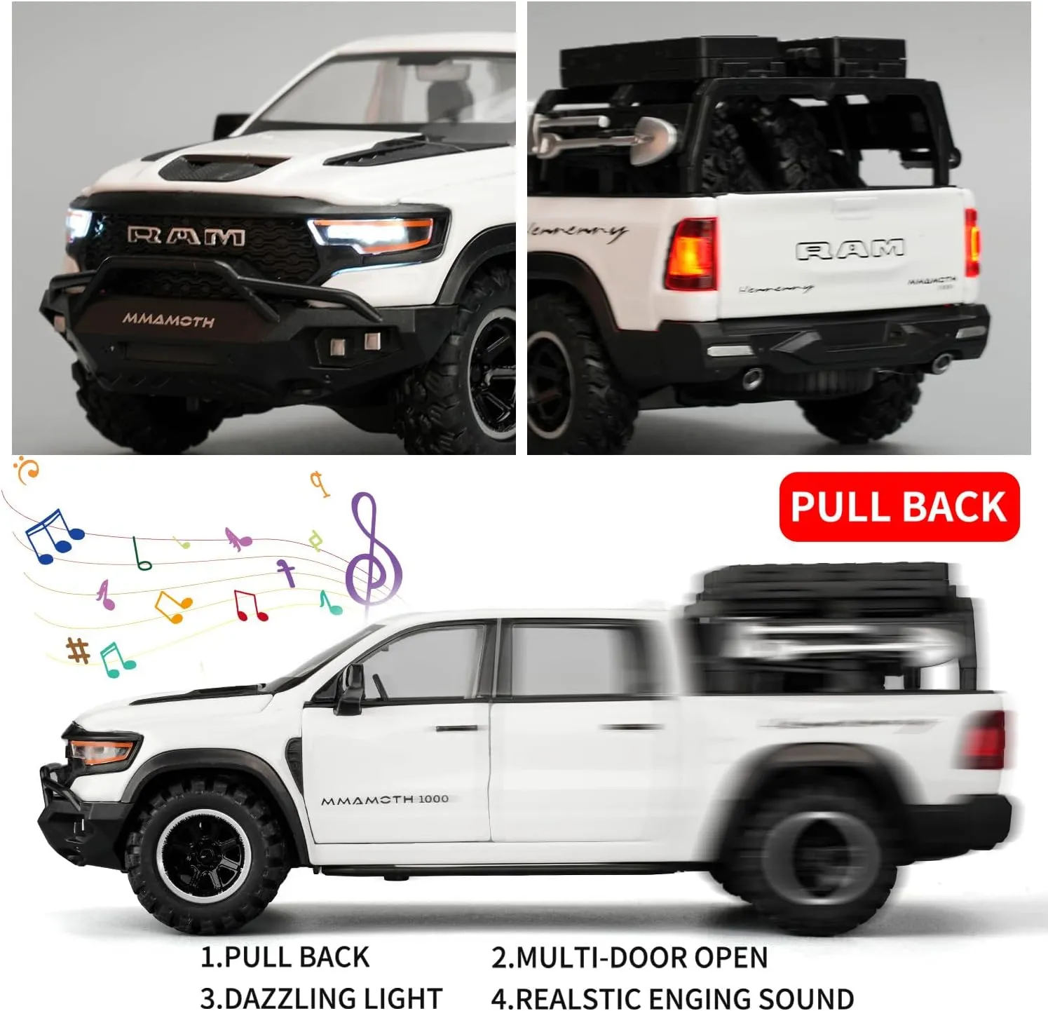 BDTCTK Dodge Ram Mammoth Pick-Up Truck Model Car, Zinc Alloy Pull Back Toy car with Sound and Light for Kids Boy Girl Gift(White)