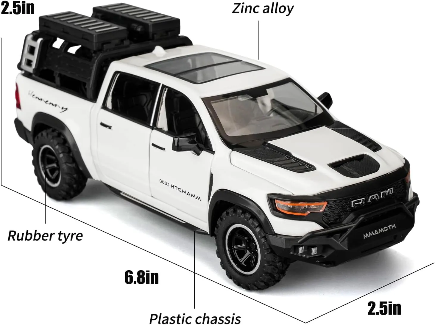 BDTCTK Dodge Ram Mammoth Pick-Up Truck Model Car, Zinc Alloy Pull Back Toy car with Sound and Light for Kids Boy Girl Gift(White)