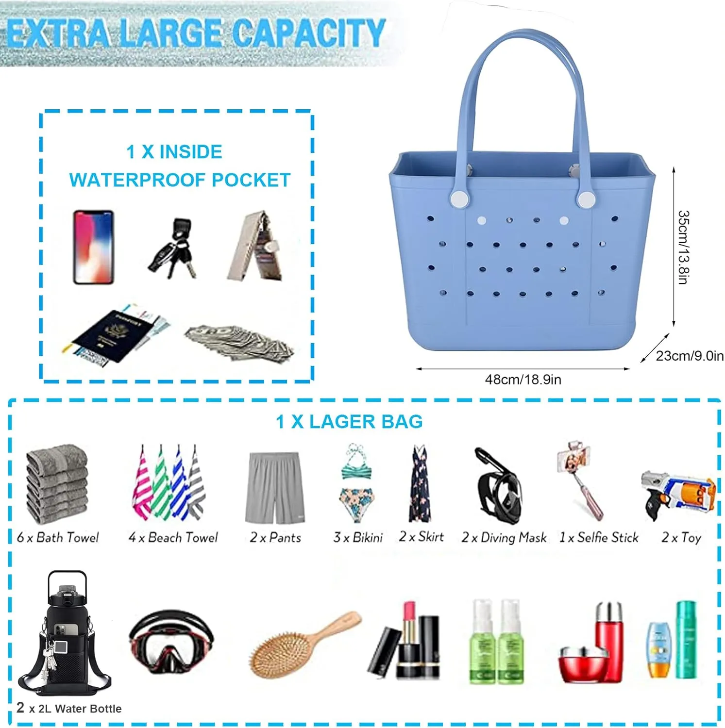 Beach Bag, Waterproof Beach Tote, Rubber XL Tote Bag, Washable and Durable Open Handbag for Boat Pool Sports Gym