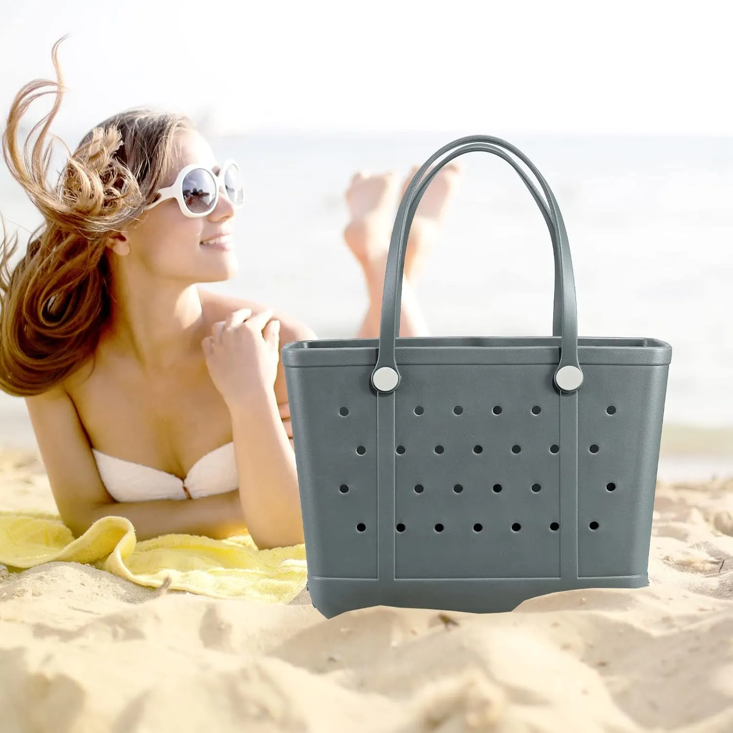 Beach Bag, Waterproof Beach Tote, Rubber XL Tote Bag, Washable and Durable Open Handbag for Boat Pool Sports Gym