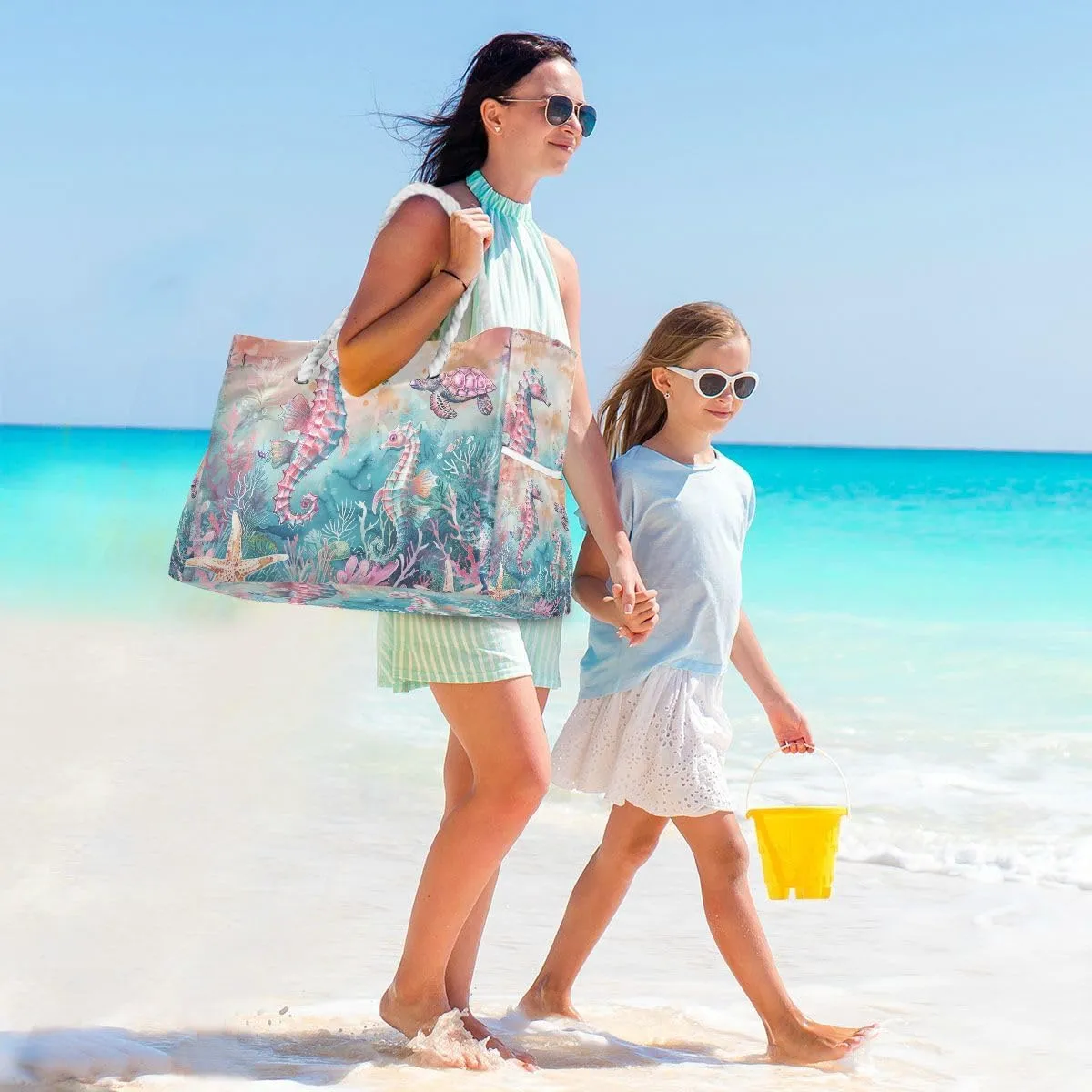Beach Tote Bags for Women, Turtle Flower Starfish Large Beach Shoulder Bag Pool Bags Purse