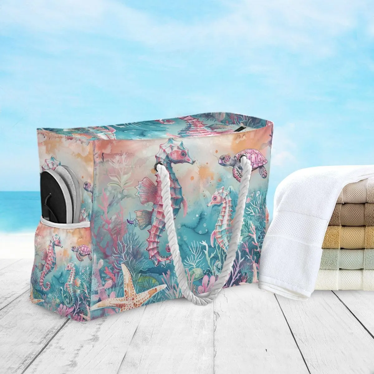 Beach Tote Bags for Women, Turtle Flower Starfish Large Beach Shoulder Bag Pool Bags Purse