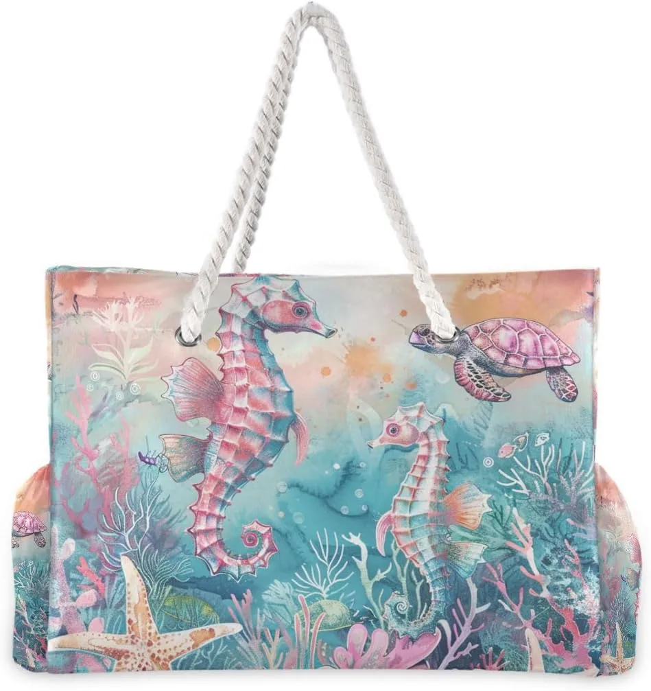 Beach Tote Bags for Women, Turtle Flower Starfish Large Beach Shoulder Bag Pool Bags Purse