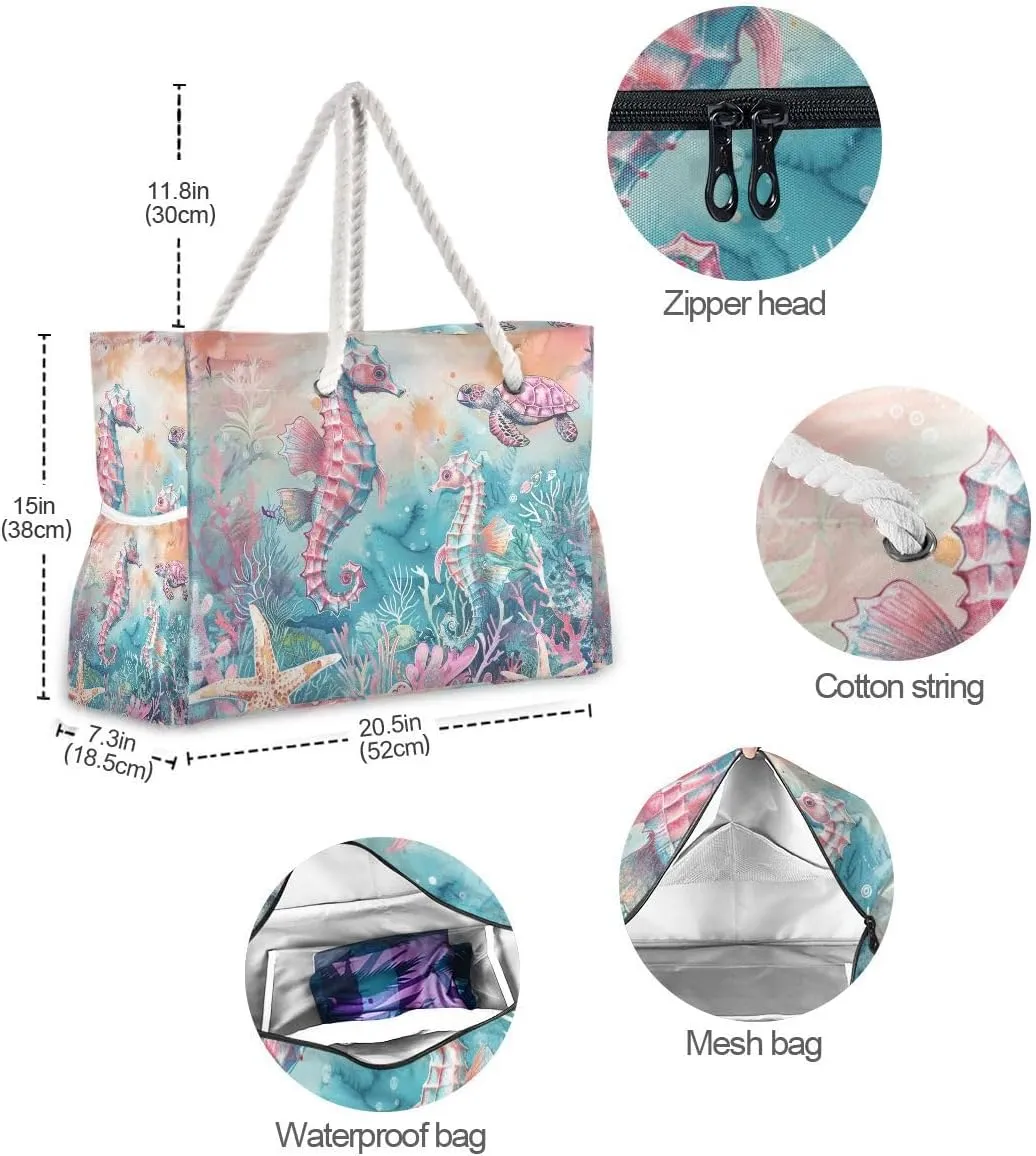 Beach Tote Bags for Women, Turtle Flower Starfish Large Beach Shoulder Bag Pool Bags Purse