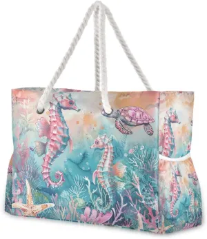 Beach Tote Bags for Women, Turtle Flower Starfish Large Beach Shoulder Bag Pool Bags Purse