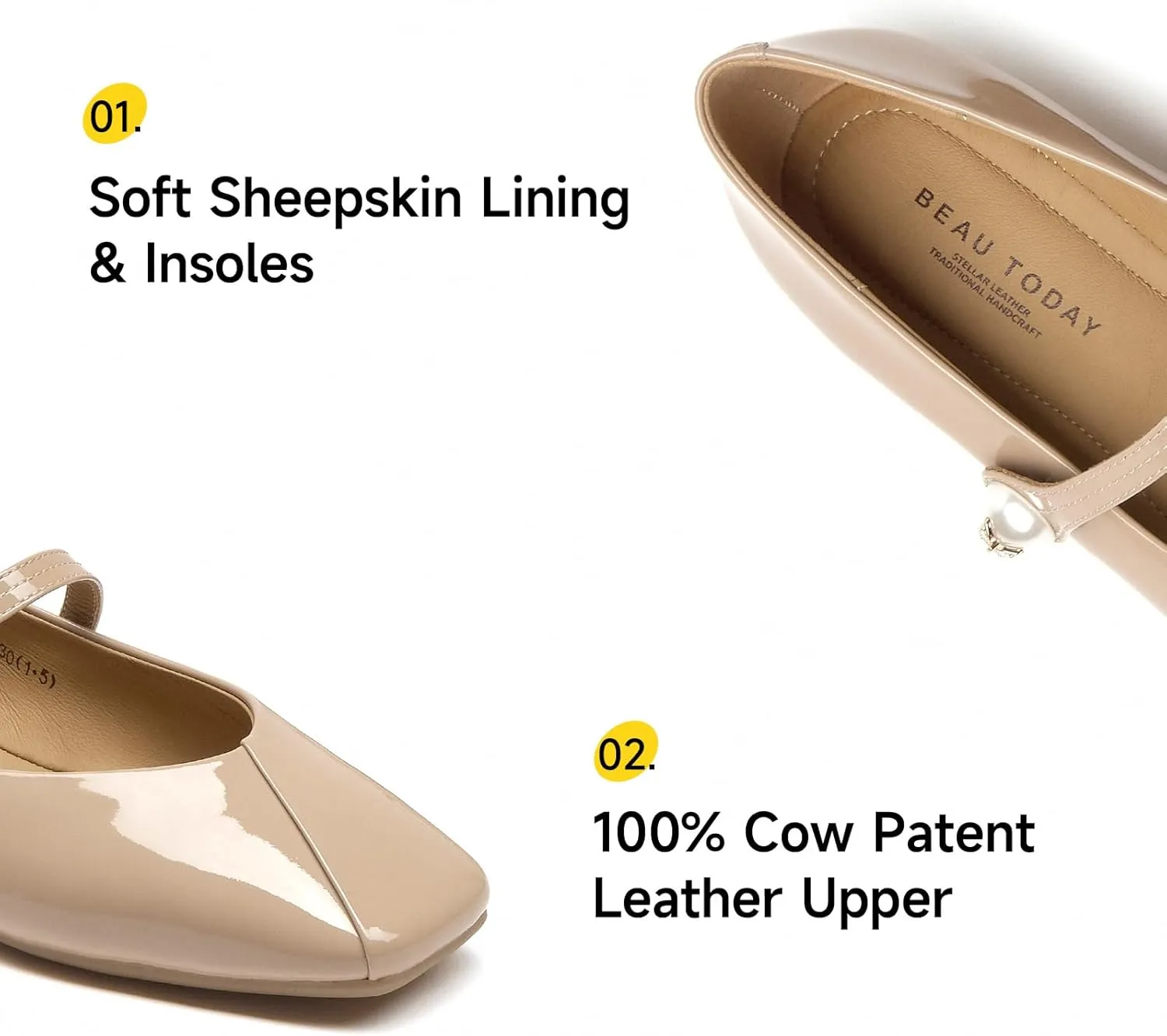 BEAU TODAY Mary Jane Flats for Women, Womens Mary Janes, Ballet Flats for Women, Patent Leather Square Toe Flats, Comfortable Casual Fashion Slip-on Flat Dress Shoes