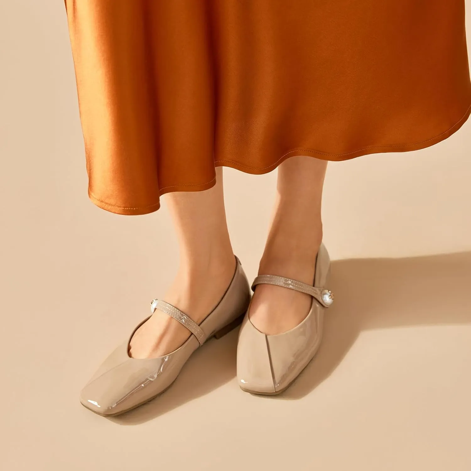 BEAU TODAY Mary Jane Flats for Women, Womens Mary Janes, Ballet Flats for Women, Patent Leather Square Toe Flats, Comfortable Casual Fashion Slip-on Flat Dress Shoes