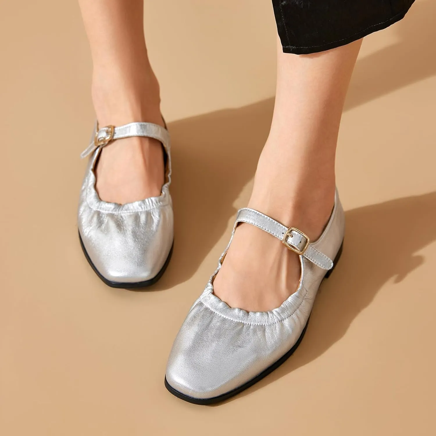 BEAU TODAY Womens Mary Janes, Ballet Flats for Women, Leather Maryjane Flats for Women, Comfortable Square Toe Flat Mary Janes, Fashion Slip-on Business Office Dressy Shoes