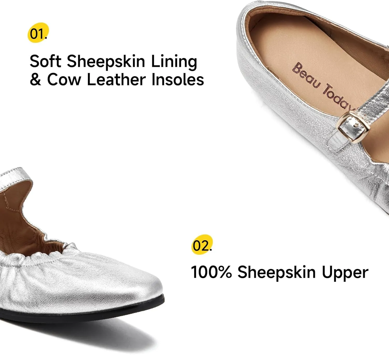 BEAU TODAY Womens Mary Janes, Ballet Flats for Women, Leather Maryjane Flats for Women, Comfortable Square Toe Flat Mary Janes, Fashion Slip-on Business Office Dressy Shoes