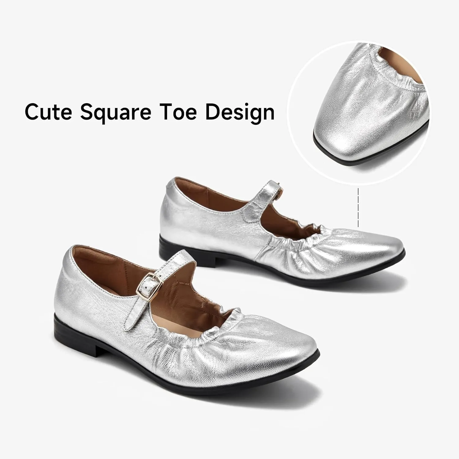 BEAU TODAY Womens Mary Janes, Ballet Flats for Women, Leather Maryjane Flats for Women, Comfortable Square Toe Flat Mary Janes, Fashion Slip-on Business Office Dressy Shoes