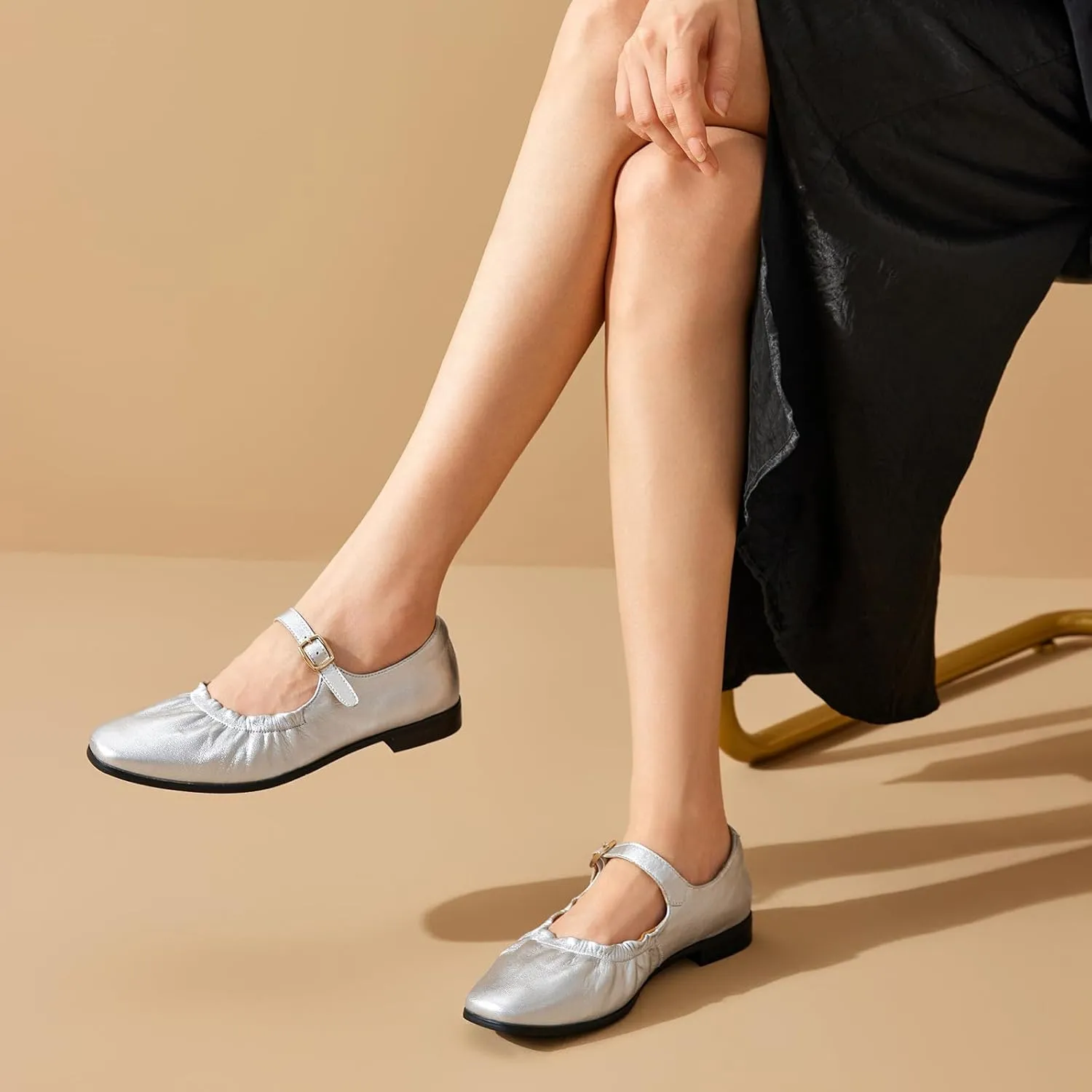 BEAU TODAY Womens Mary Janes, Ballet Flats for Women, Leather Maryjane Flats for Women, Comfortable Square Toe Flat Mary Janes, Fashion Slip-on Business Office Dressy Shoes