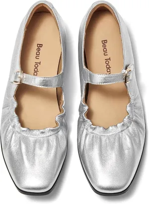 BEAU TODAY Womens Mary Janes, Ballet Flats for Women, Leather Maryjane Flats for Women, Comfortable Square Toe Flat Mary Janes, Fashion Slip-on Business Office Dressy Shoes