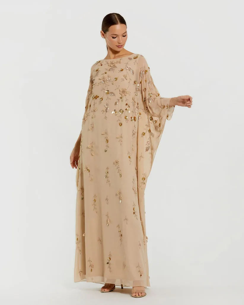 Beige Floral Embellished Trapeze Dress