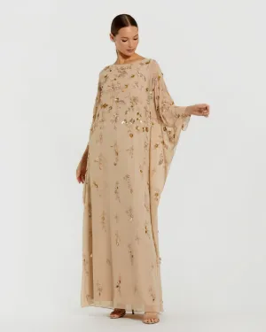 Beige Floral Embellished Trapeze Dress