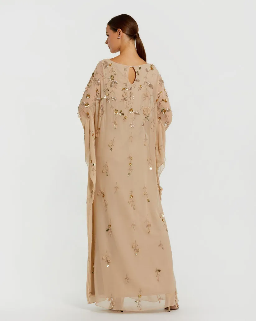Beige Floral Embellished Trapeze Dress