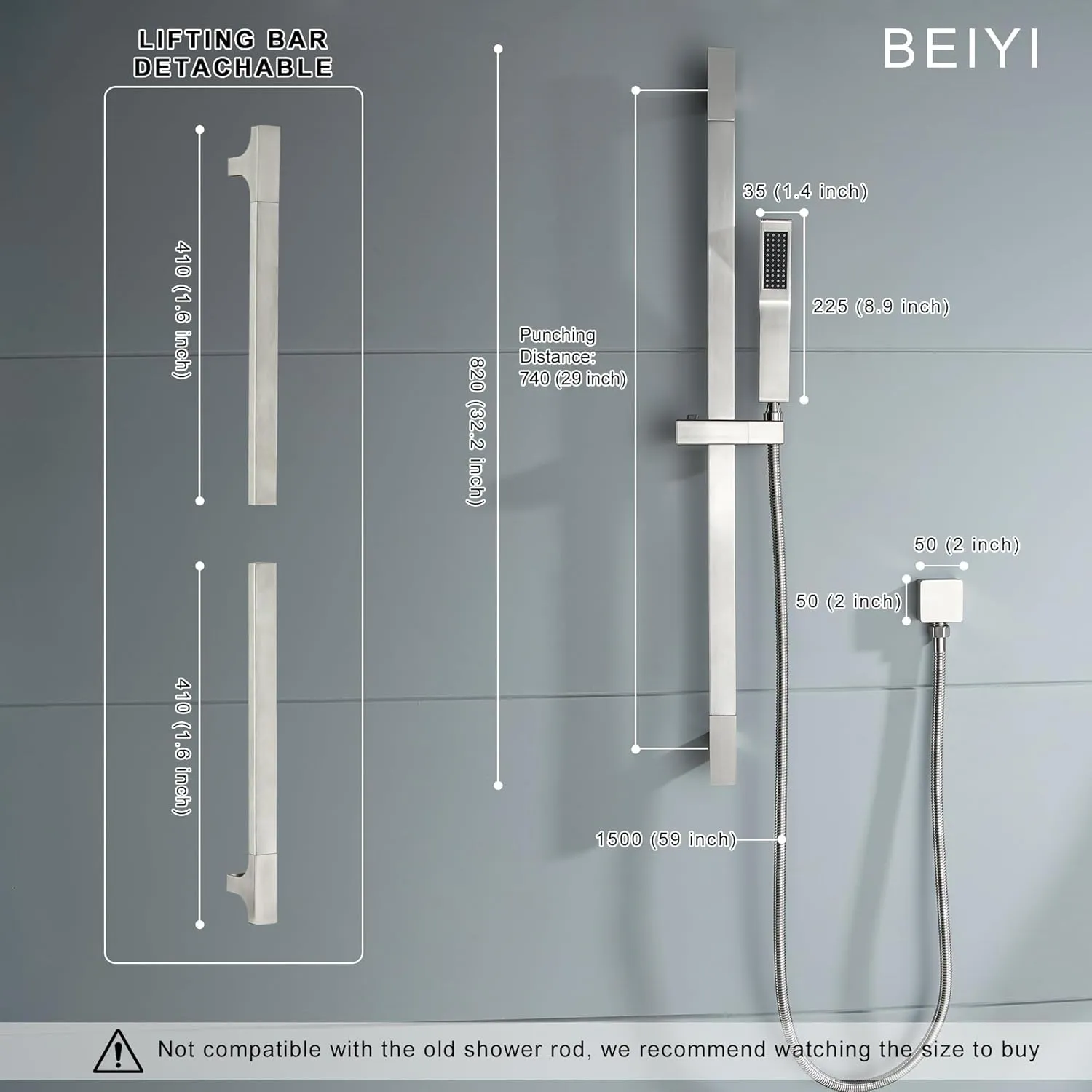 BElYl Shower Head with Slide Bar Brushed Nickel High Pressure Hand shower with Square 29" Long Slide Bar Adjustable Height Shower Head with Handheld Spray