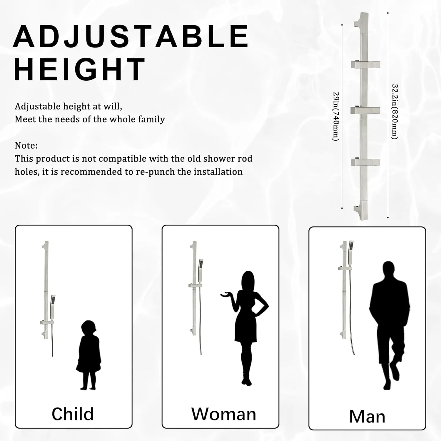 BElYl Shower Head with Slide Bar Brushed Nickel High Pressure Hand shower with Square 29" Long Slide Bar Adjustable Height Shower Head with Handheld Spray