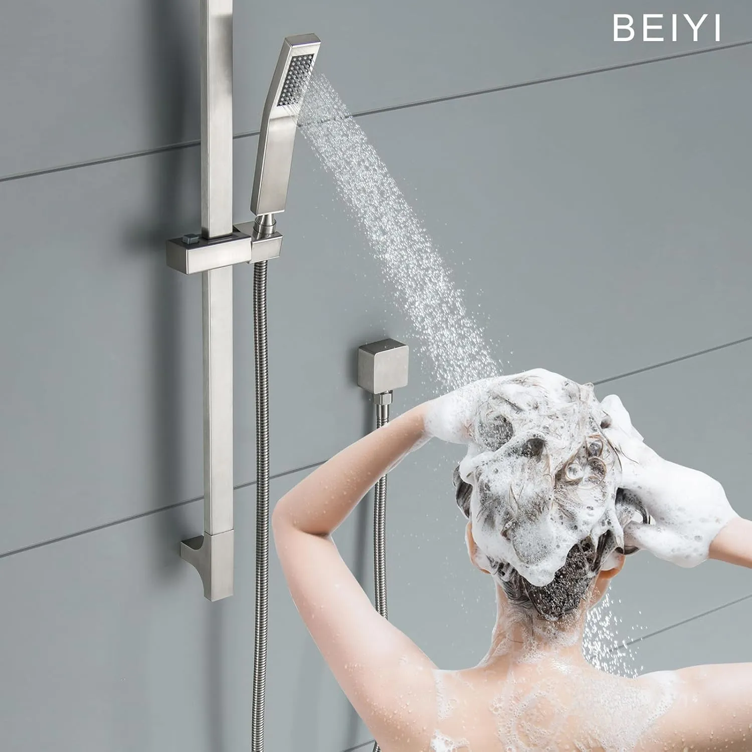BElYl Shower Head with Slide Bar Brushed Nickel High Pressure Hand shower with Square 29" Long Slide Bar Adjustable Height Shower Head with Handheld Spray