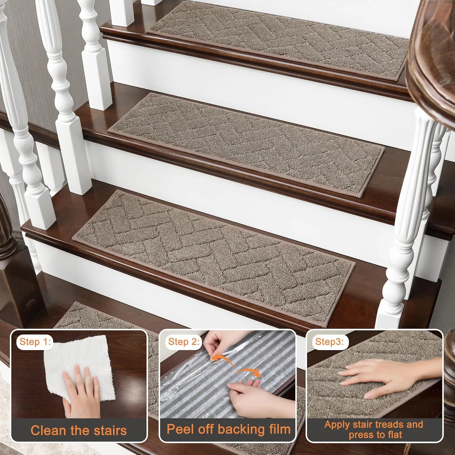 BEQHAUSE Stair Treads Non Slip Stair Runners Step Carpet Mat for Wooden Steps Indoor Machine Washable 28inX9in Edging Polyester Soft Stair Rugs for Kids Elders Pets with TPE Backing(Beige,15pcs)