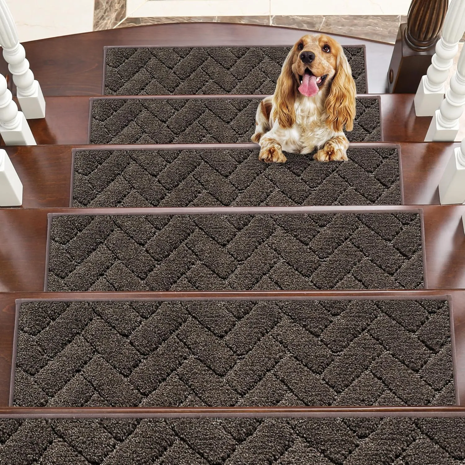 BEQHAUSE Stair Treads Non Slip Stair Runners Step Carpet Mat for Wooden Steps Indoor Machine Washable 28inX9in Edging Polyester Soft Stair Rugs for Kids Elders Pets with TPE Backing(Brown,4pcs)