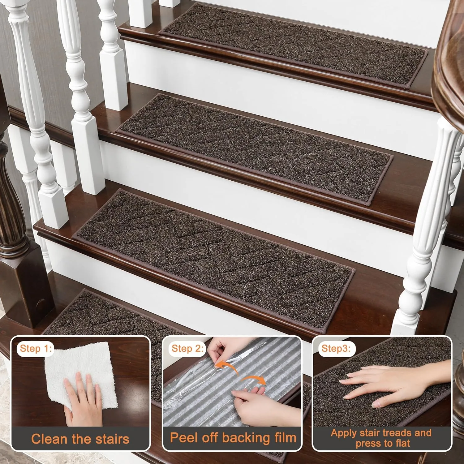 BEQHAUSE Stair Treads Non Slip Stair Runners Step Carpet Mat for Wooden Steps Indoor Machine Washable 28inX9in Edging Polyester Soft Stair Rugs for Kids Elders Pets with TPE Backing(Brown,4pcs)