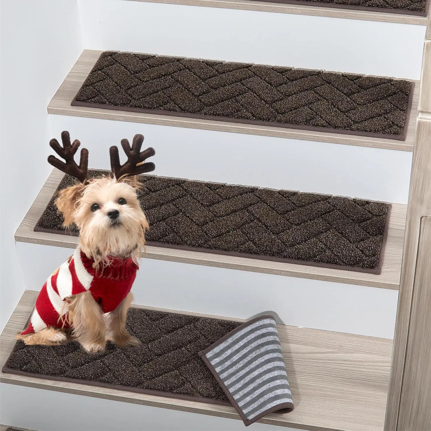 BEQHAUSE Stair Treads Non Slip Stair Runners Step Carpet Mat for Wooden Steps Indoor Machine Washable 28inX9in Edging Polyester Soft Stair Rugs for Kids Elders Pets with TPE Backing(Brown,4pcs)
