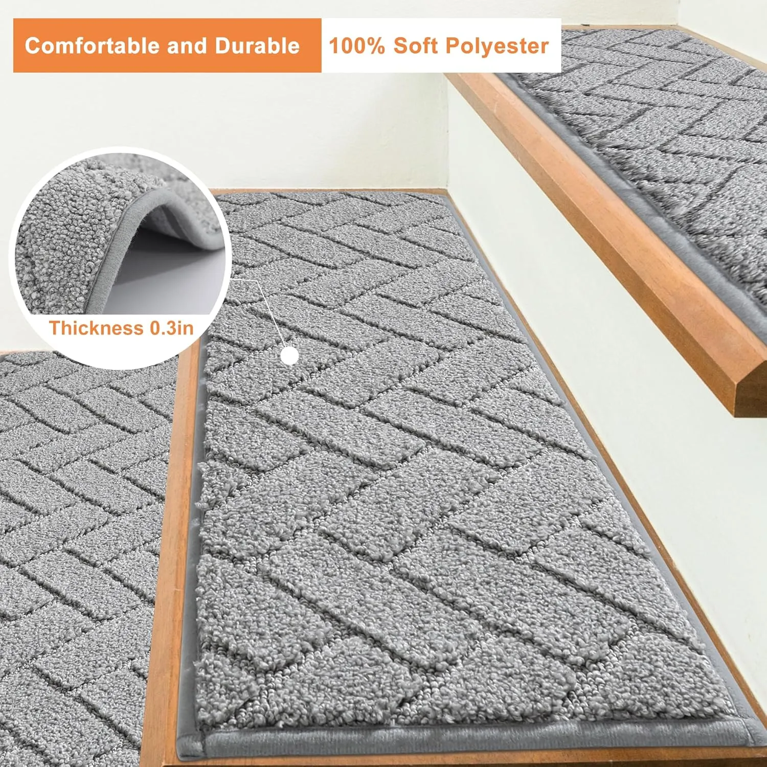 BEQHAUSE Stair Treads Non Slip Stair Runners Step Carpet Mat for Wooden Steps Indoor Machine Washable 28inX9in Edging Polyester Soft Stair Rugs for Kids Elders Pets with TPE Backing(Grey,15pcs)