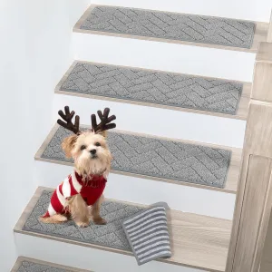BEQHAUSE Stair Treads Non Slip Stair Runners Step Carpet Mat for Wooden Steps Indoor Machine Washable 28inX9in Edging Polyester Soft Stair Rugs for Kids Elders Pets with TPE Backing(Grey,15pcs)