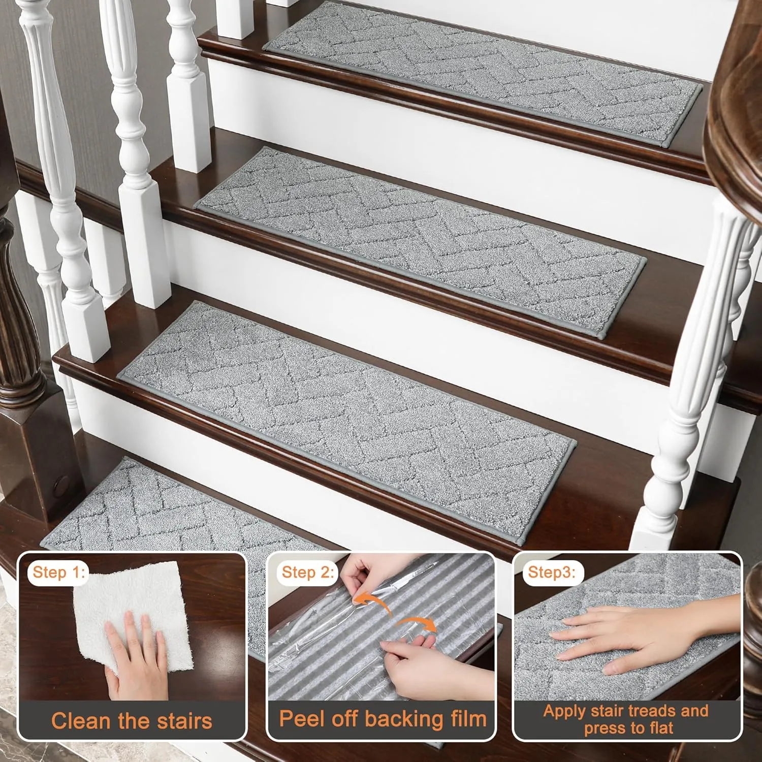 BEQHAUSE Stair Treads Non Slip Stair Runners Step Carpet Mat for Wooden Steps Indoor Machine Washable 28inX9in Edging Polyester Soft Stair Rugs for Kids Elders Pets with TPE Backing(Grey,15pcs)